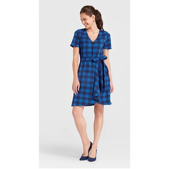 DRAPER JAMES Mini Dress Nassau Blue Plaid Buffalo Check Wrap Dress sz Small - Picture 2 of 13